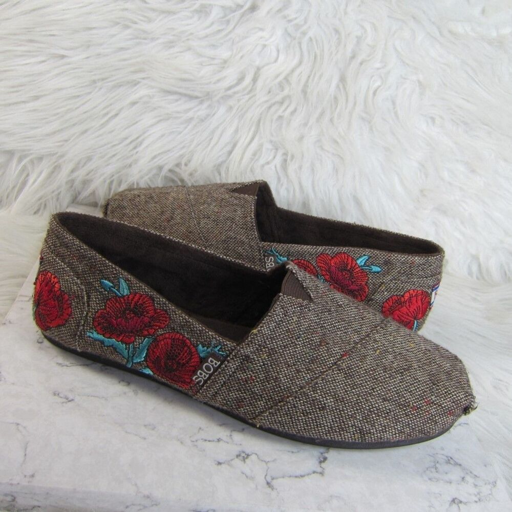 Skechers BOBS Plush Brown Tweed Floral Embroidered Ballet Slip On Shoes Size 10